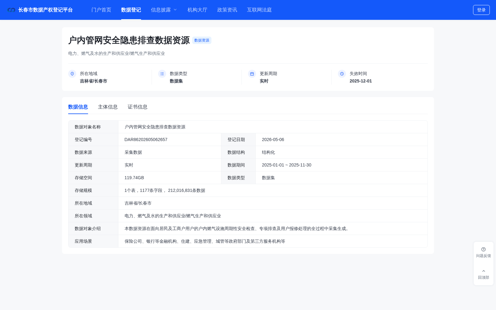 长春市户内管网安全隐患排查数据完成产权登记 赋能燃气安全多场景应用