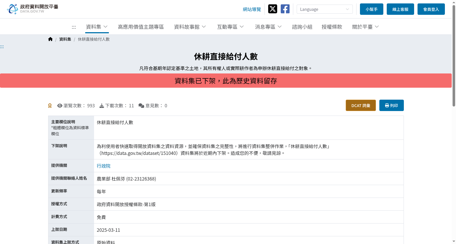 休耕直接給付人數 数据集图片