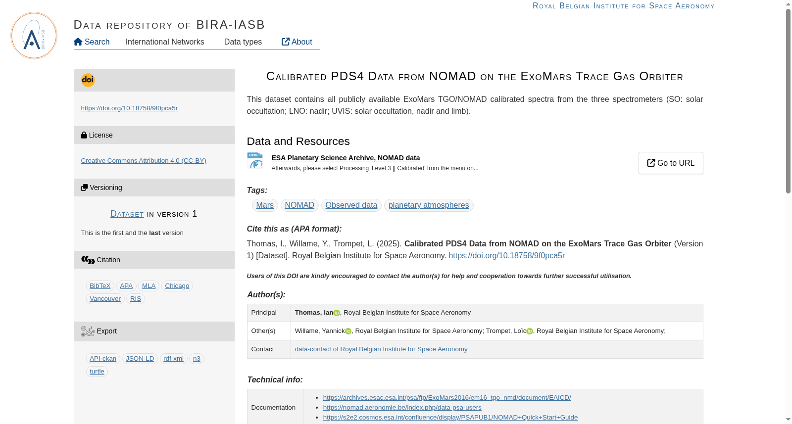Calibrated PDS4 Data from NOMAD on the ExoMars Trace Gas Orbiter 数据集图片