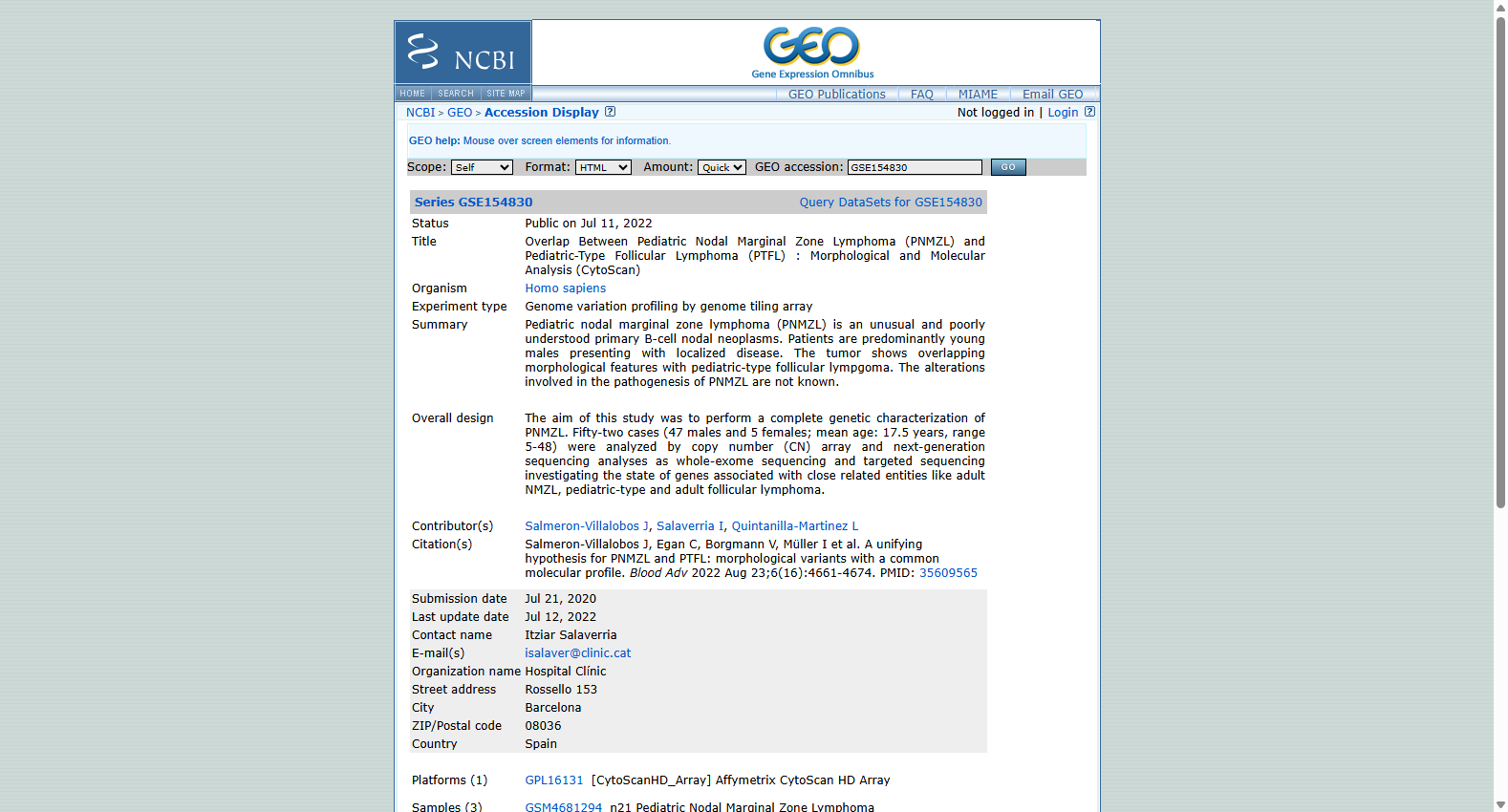 GSE154830 Pediatric Nodal Marginal Zone Lymphoma CytoScan