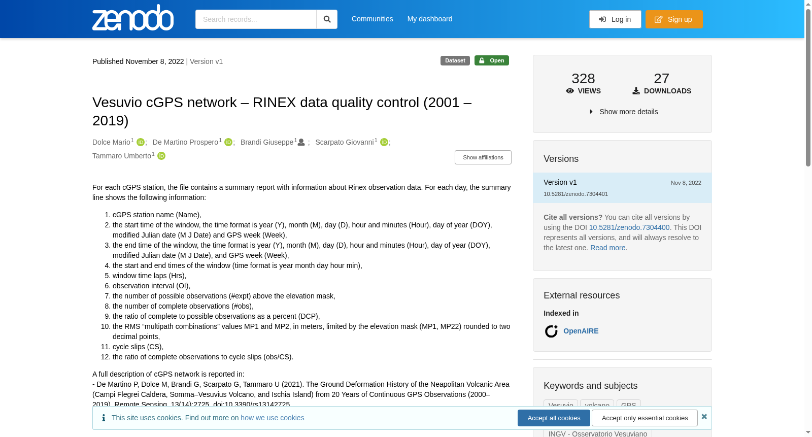 Vesuvio cGPS network – RINEX data quality control (2001 – 2019) 数据集图片