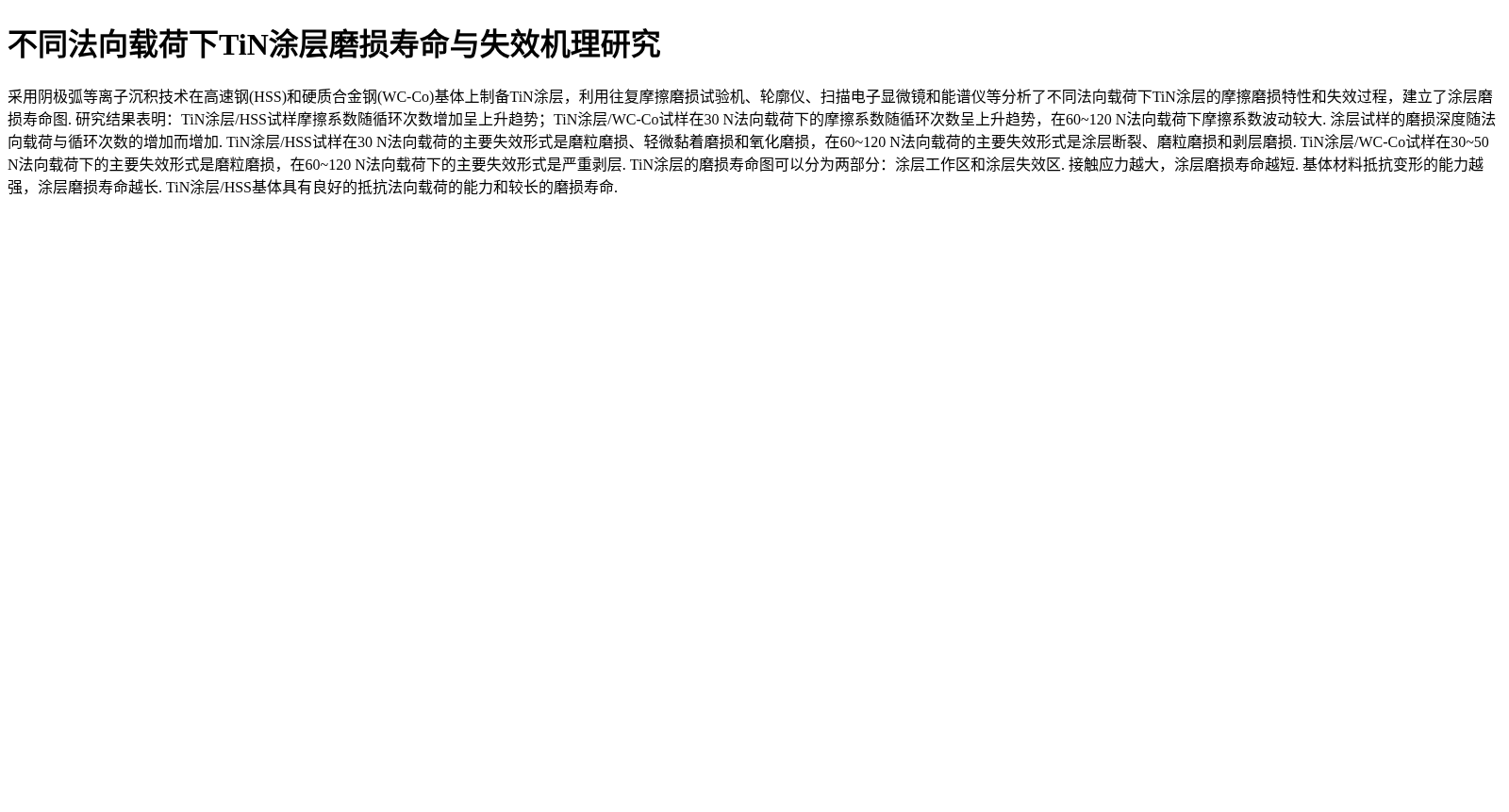 不同法向载荷下TiN涂层磨损寿命与失效机理研究 数据集图片