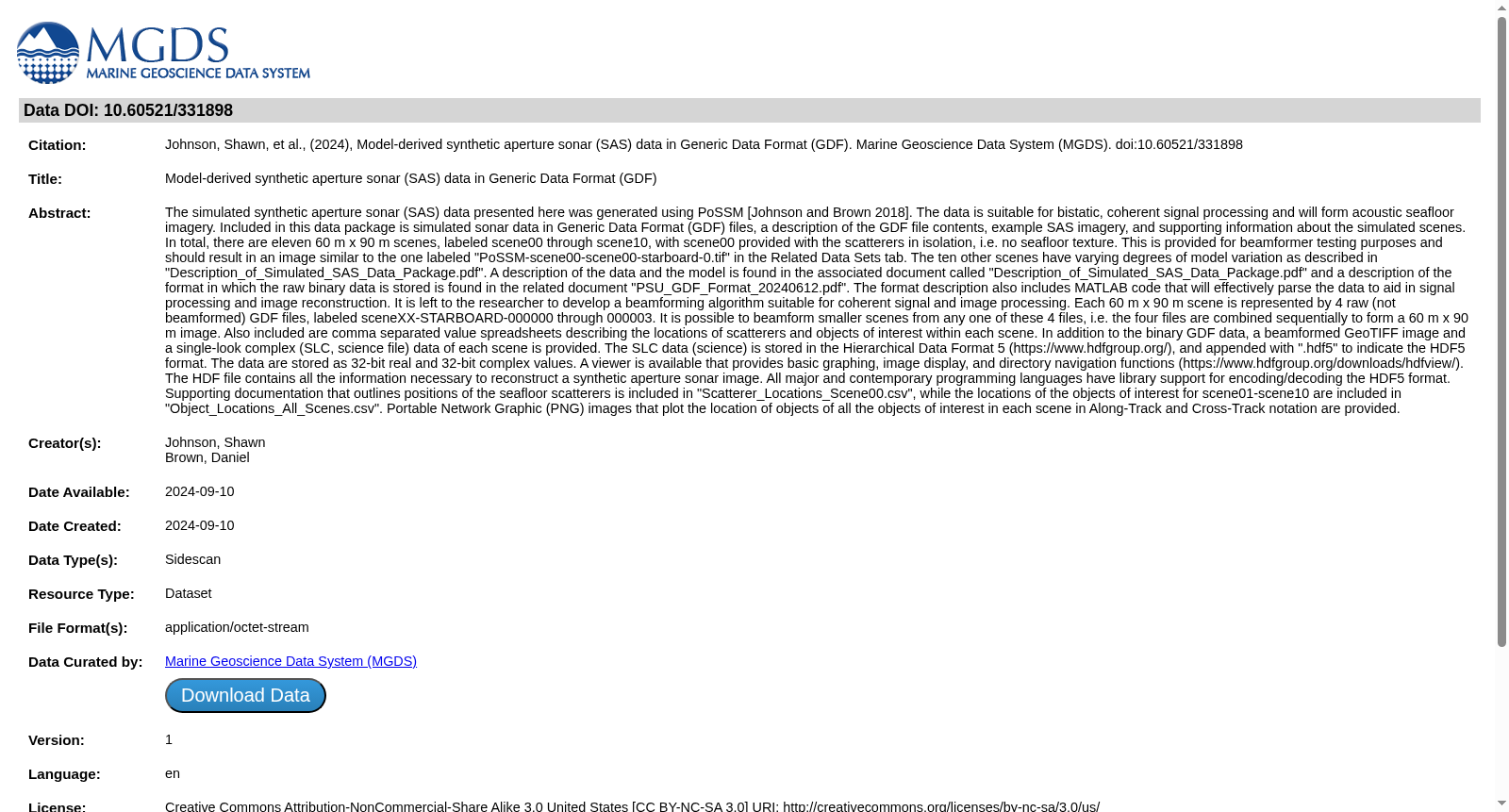 Model-derived synthetic aperture sonar (SAS) data in Generic Data Format (GDF) 数据集图片