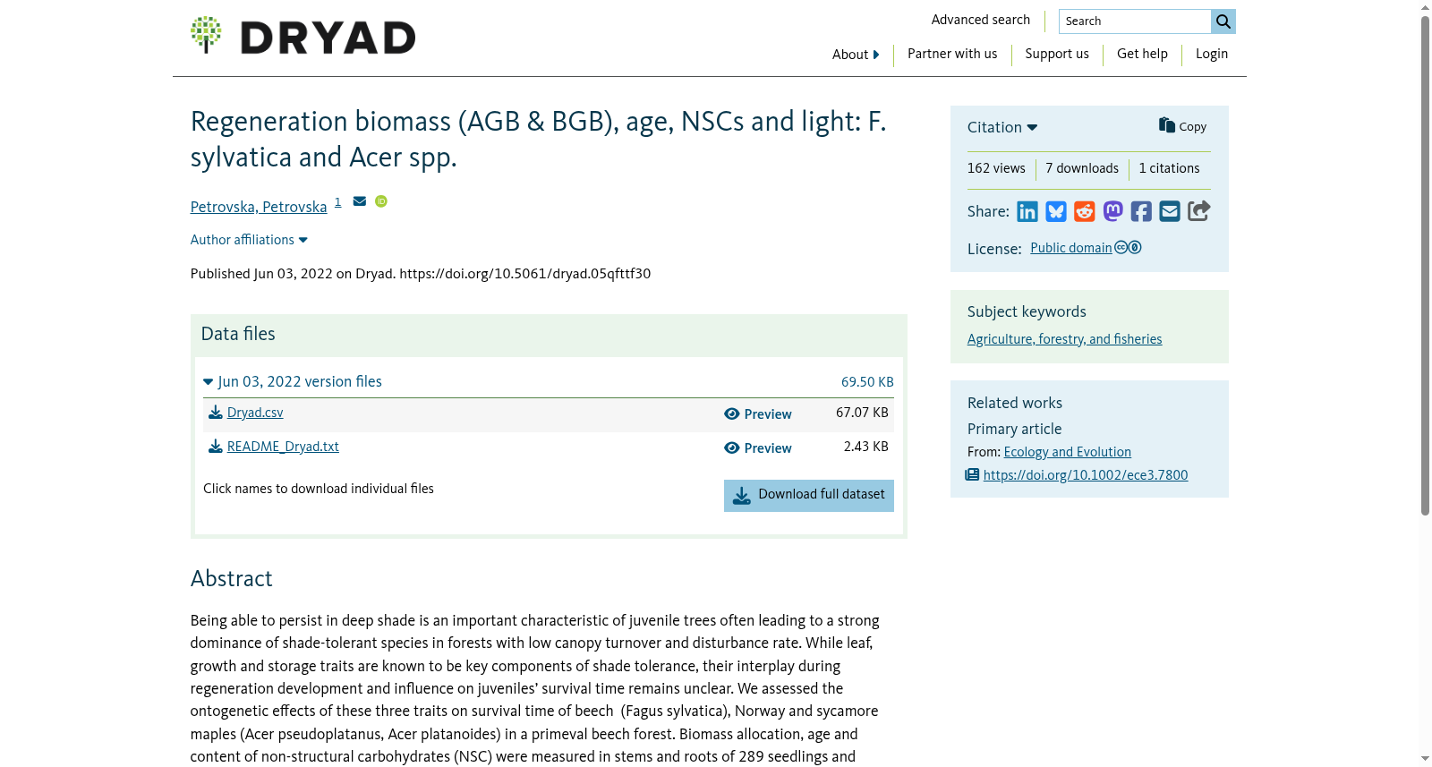 Regeneration biomass (AGB & BGB), age, NSCs and light: F. sylvatica and Acer spp. 数据集图片