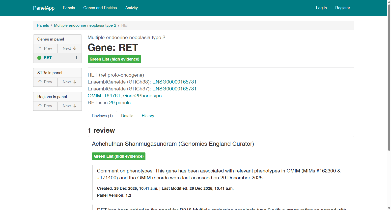 PanelApp Multiple Endocrine Neoplasia Type 2 RET Gene Panel