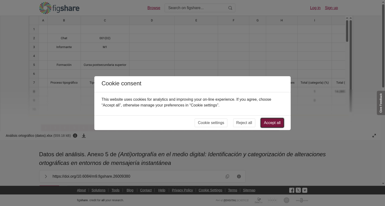 Datos del análisis. Anexo 5 de<i> </i><i>(Anti)ortografía en el medio digital: </i><i>Identificación y categorización de alteraciones ortográficas en entornos de mensajería instantánea</i> 数据集图片