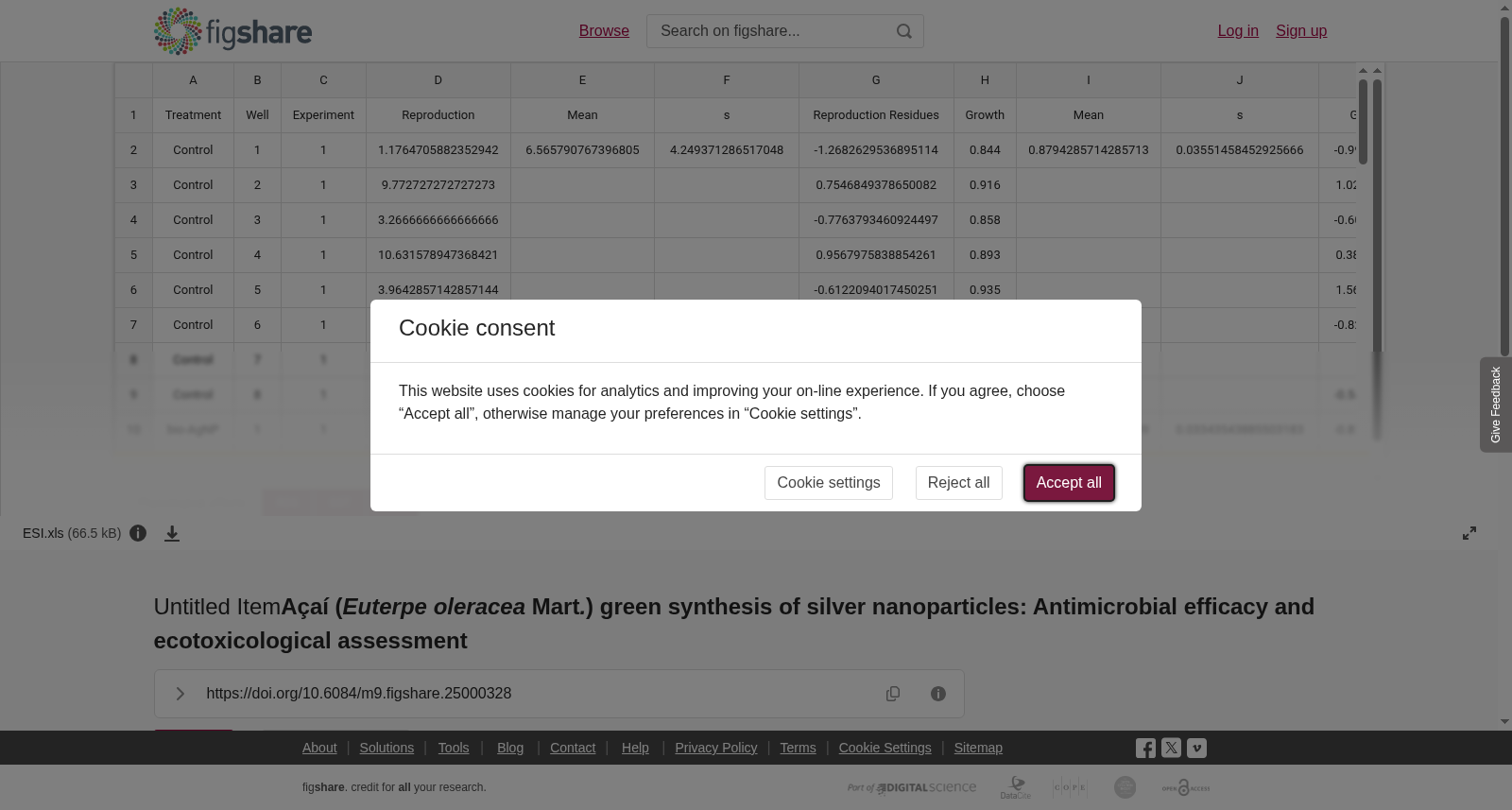 Untitled Item<b>Açaí </b><b>(</b><b><i>E</i></b><b><i>uterpe oleracea </i></b><b>Mart</b><b><i>.</i></b><b>)</b><b> </b><b>green synthesis of silver nanoparticles: Antimicrobial efficacy and ecotoxicological assessment</b> 数据集图片