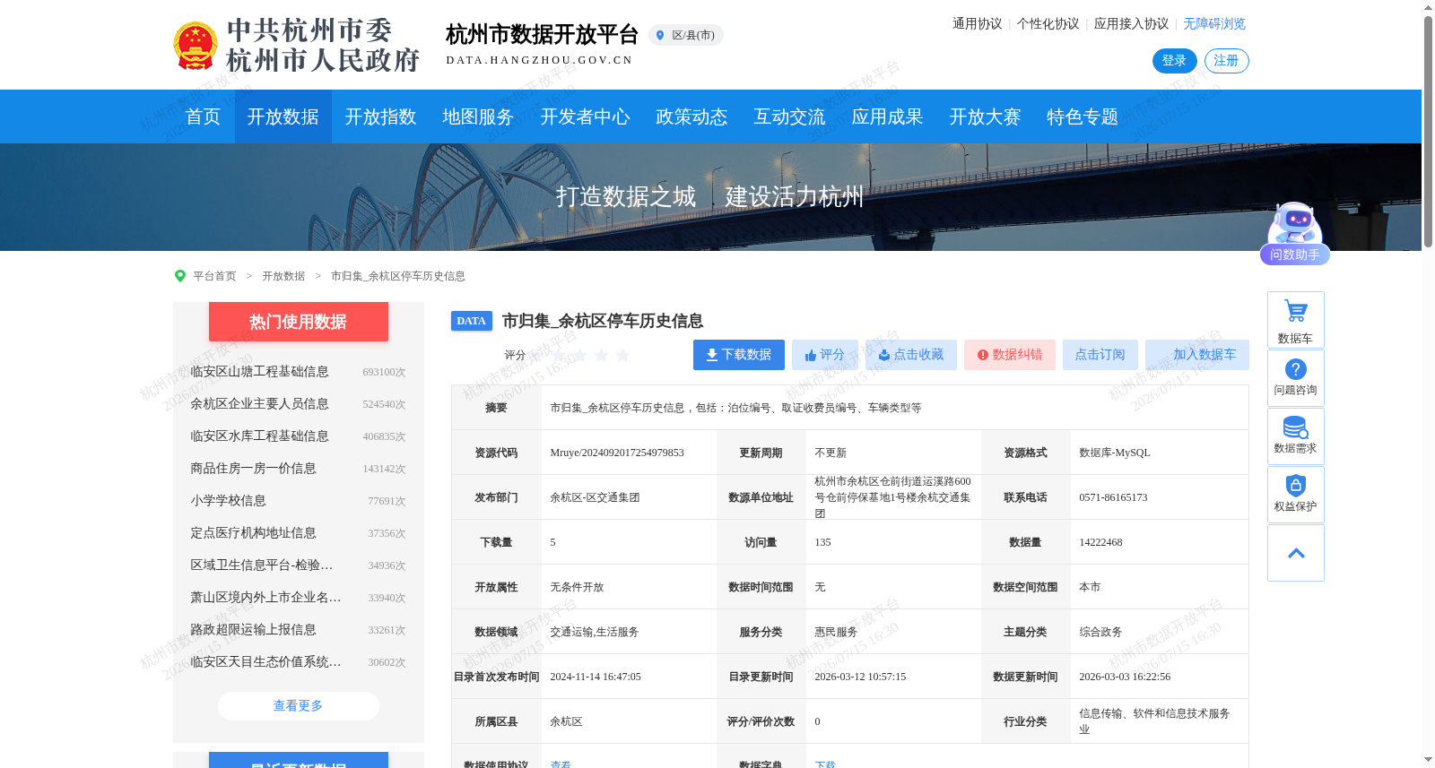市归集_余杭区停车历史信息 数据集图片