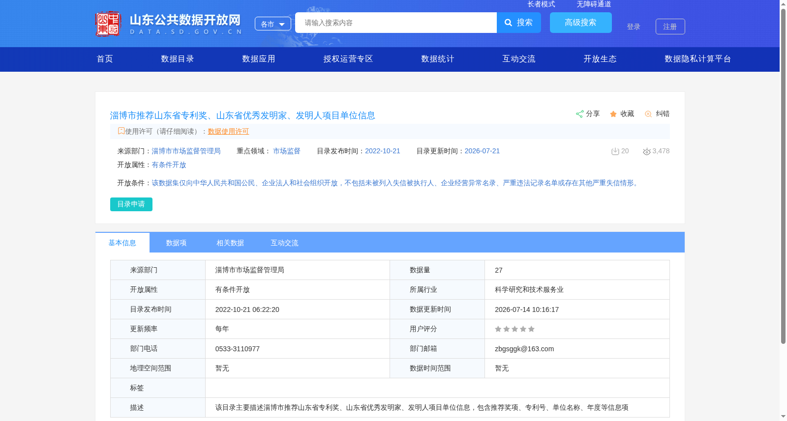淄博市推荐山东省专利奖、山东省优秀发明家、发明人项目单位信息 数据集图片