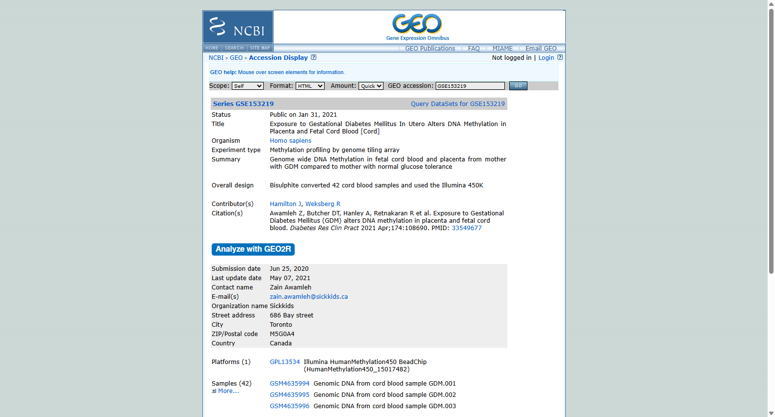 GSE153219 Gestational diabetes placenta and cord blood methylation