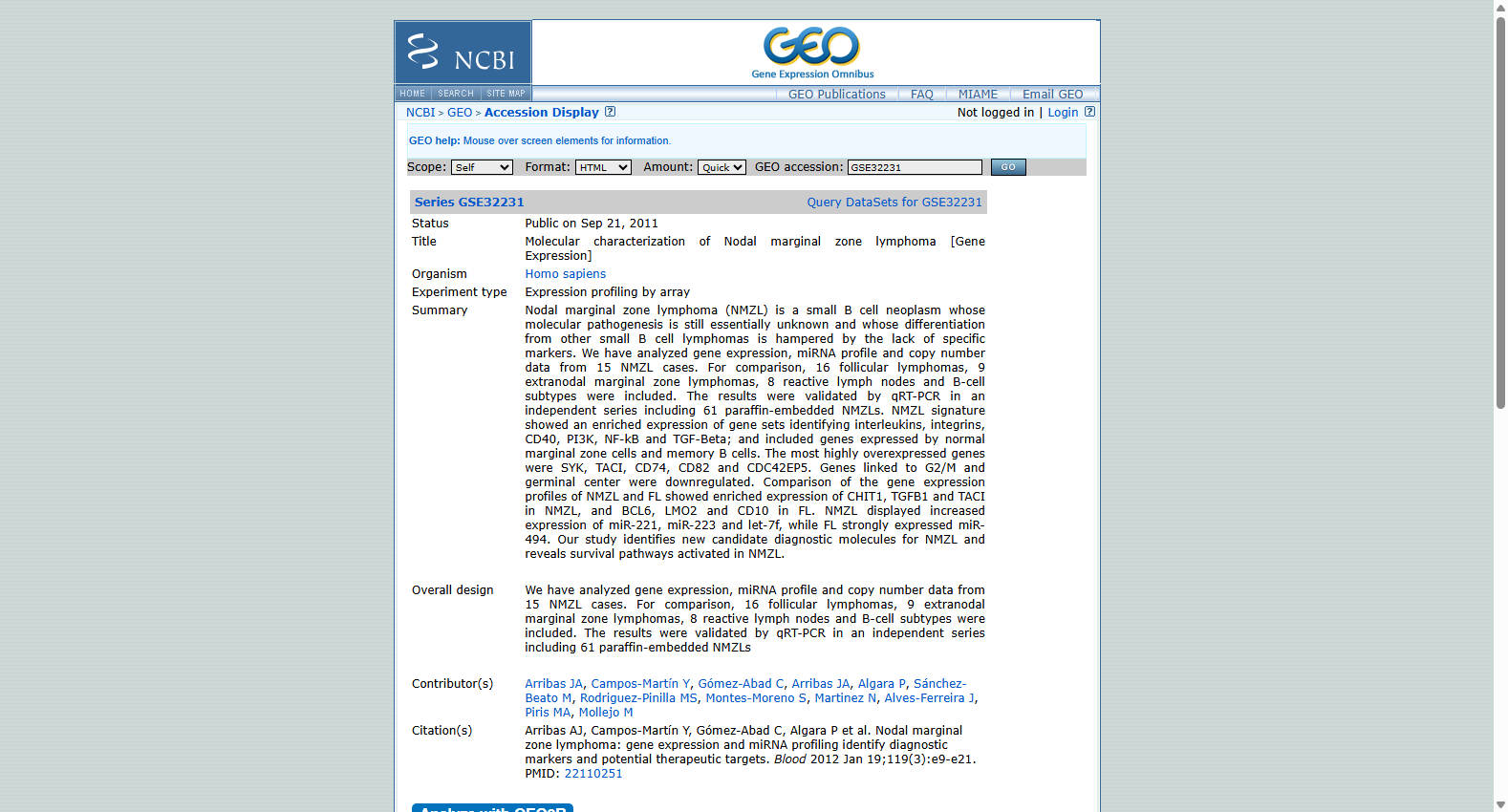 GSE32231 Molecular characterization of Nodal marginal zone lymphoma Gene Expression