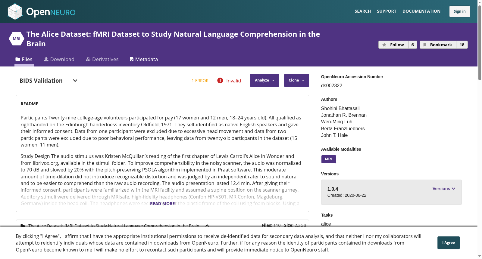 The Alice Dataset: fMRI Dataset to Study Natural Language Comprehension in the Brain 数据集图片