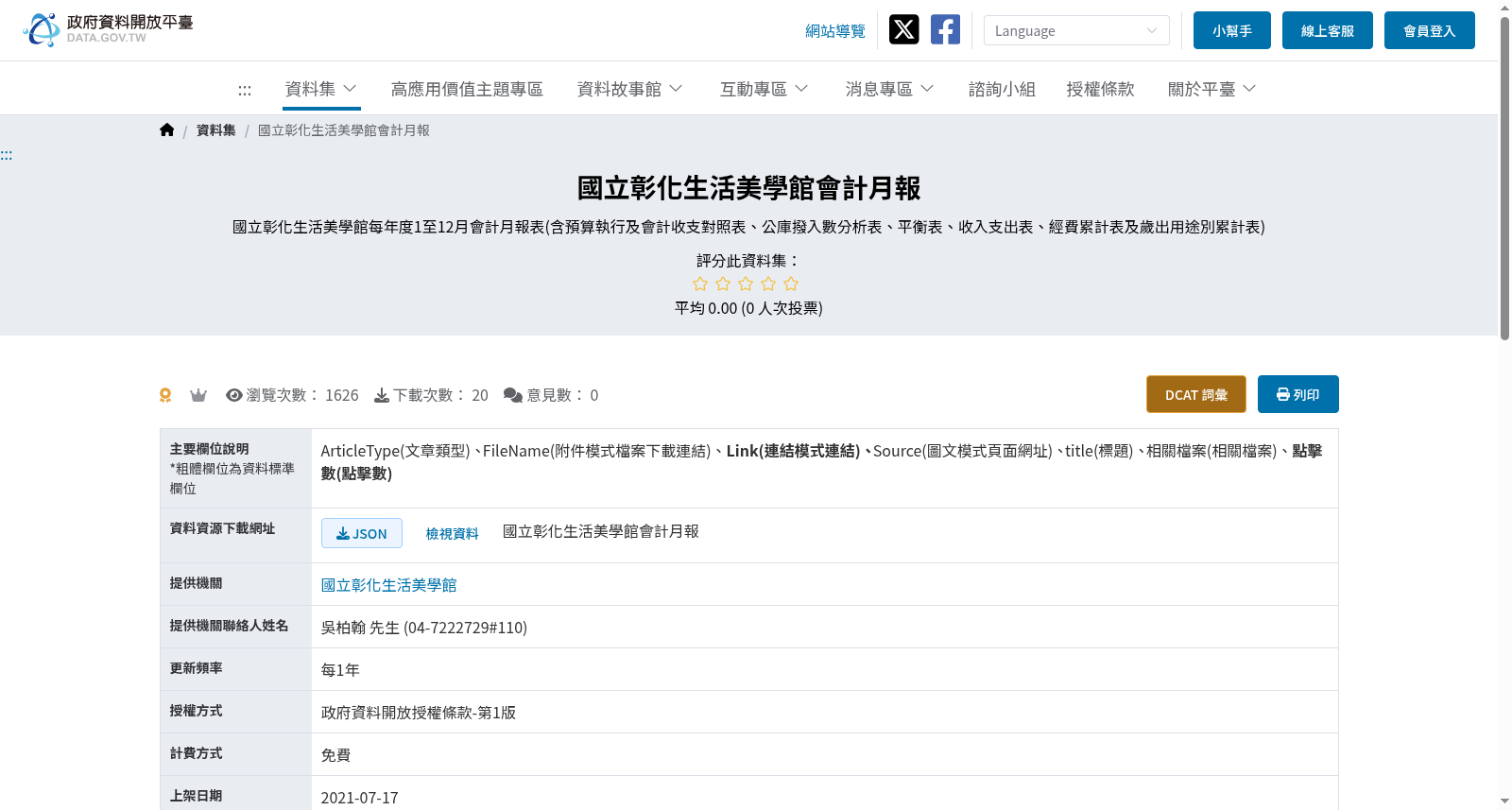 國立彰化生活美學館會計月報 数据集图片