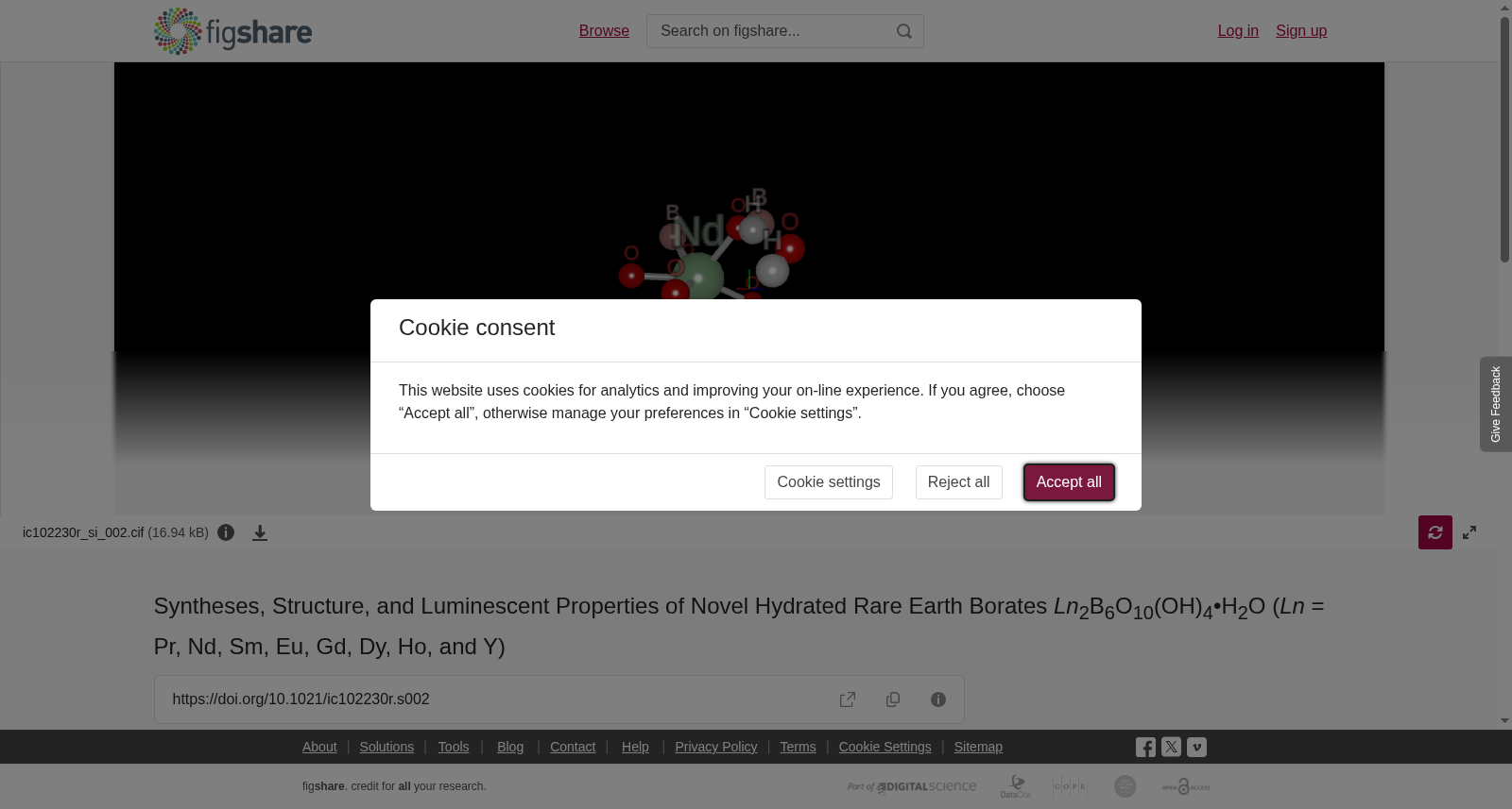 Syntheses, Structure, and Luminescent Properties of Novel Hydrated Rare Earth Borates <i>Ln</i><sub>2</sub>B<sub>6</sub>O<sub>10</sub>(OH)<sub>4</sub>•H<sub>2</sub>O (<i>Ln</i> = Pr, Nd, Sm, Eu, Gd, Dy, Ho, and Y) 数据集图片