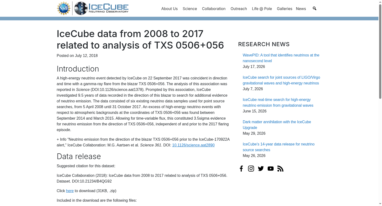 IceCube data from 2008 to 2017 related to analysis of TXS 0506+056 数据集图片