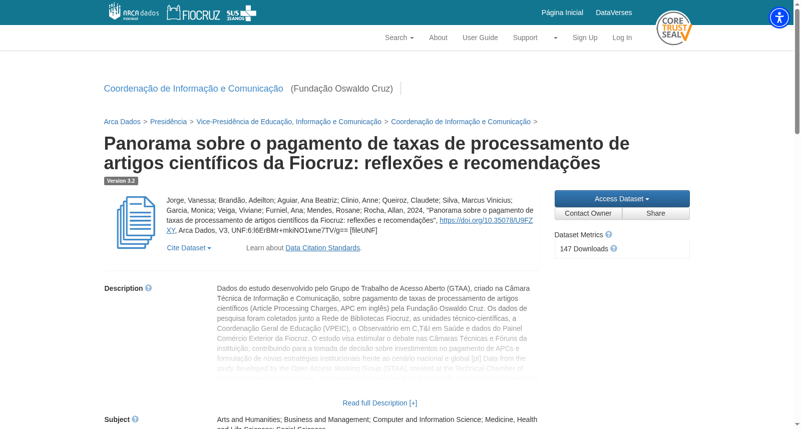 Panorama sobre o pagamento de taxas de processamento de artigos científicos da Fiocruz: reflexões e recomendações 数据集图片