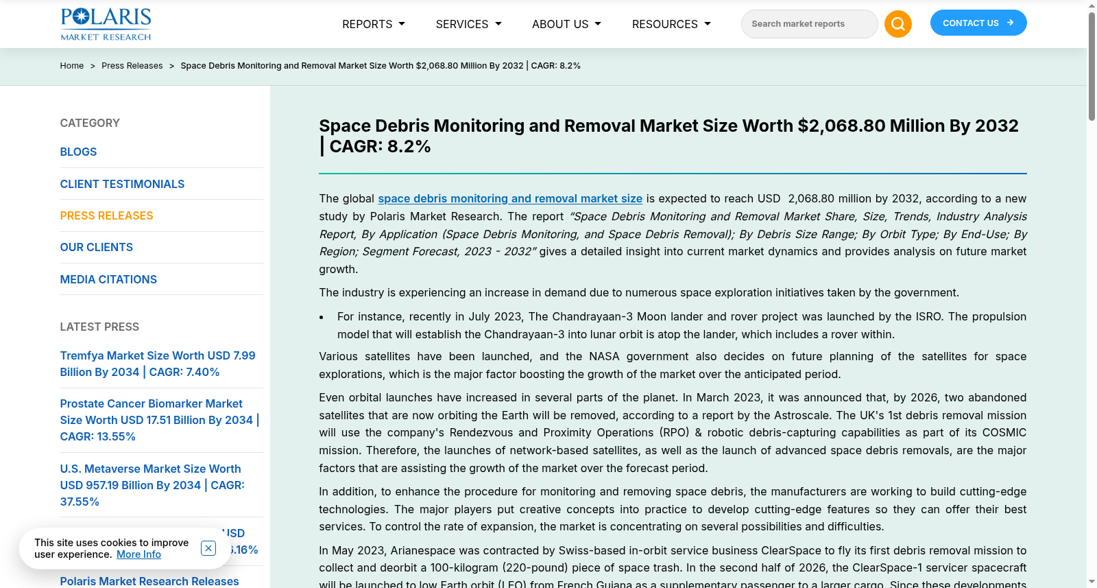 Space Debris Monitoring and Removal Market Size Worth $2,068.80 Million By 2032 | CAGR: 8.2% 数据集图片
