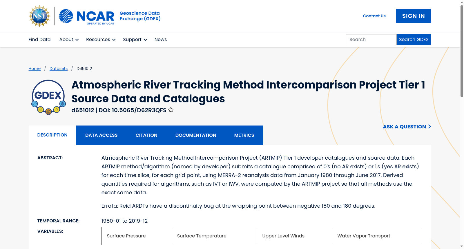 Atmospheric River Tracking Method Intercomparison Project Tier 1 Source Data and Catalogues 数据集图片