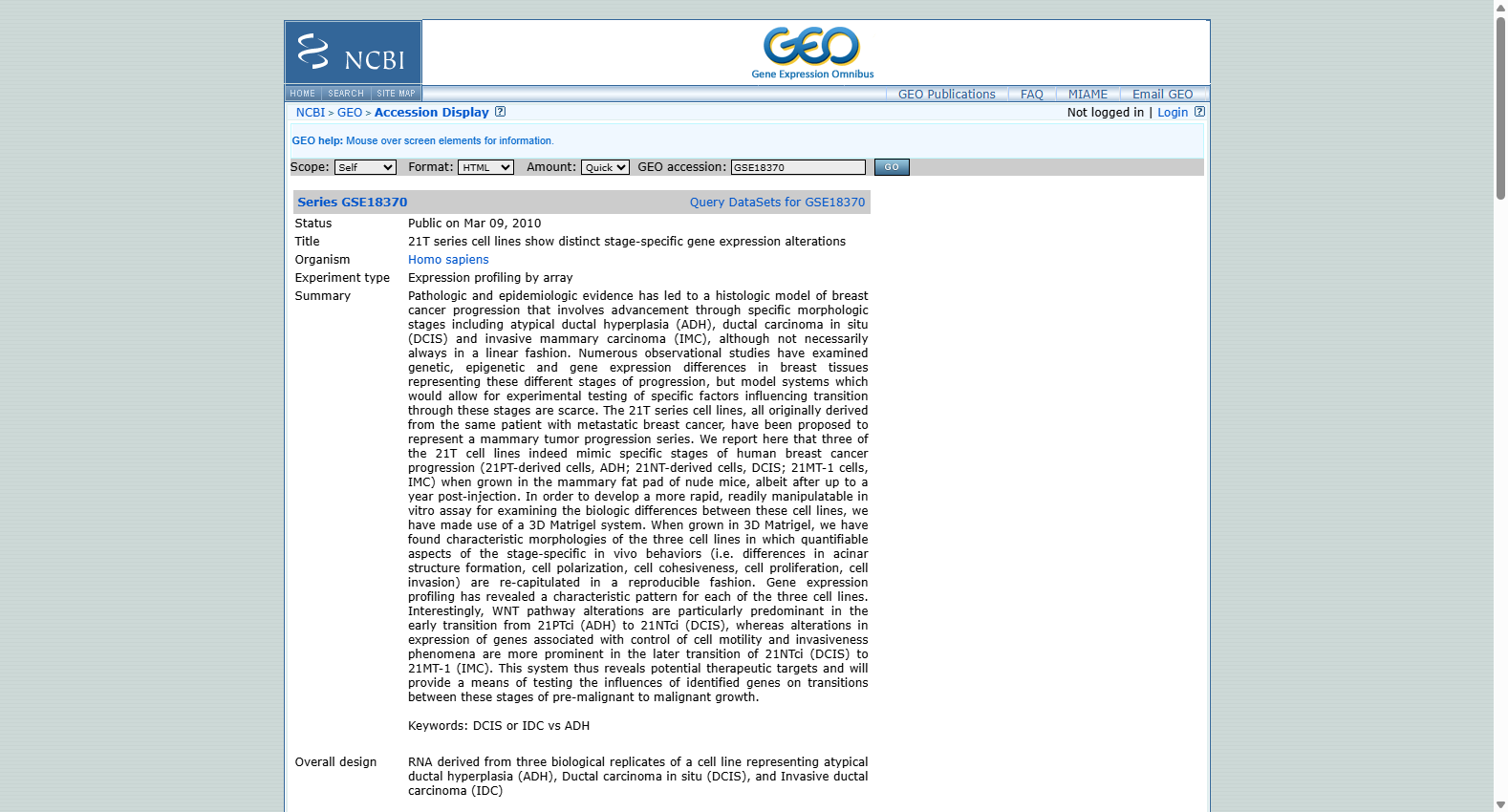 GSE18370 21T Breast Cancer Progression Cell Lines