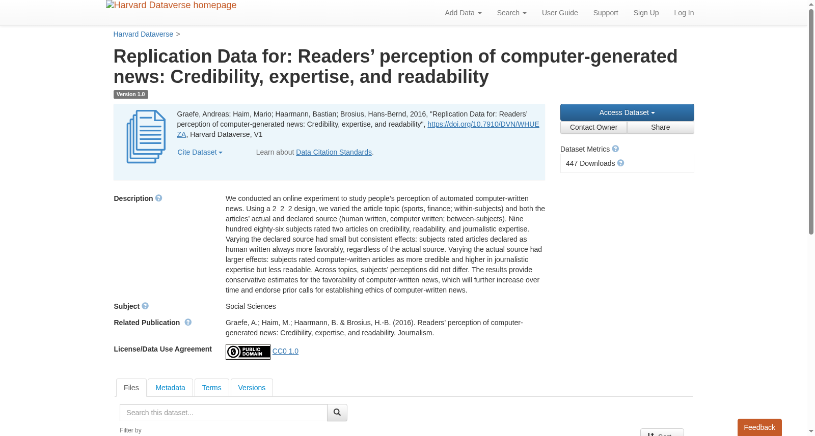 Replication Data for: Readers’ perception of computer-generated news: Credibility, expertise, and readability 数据集图片