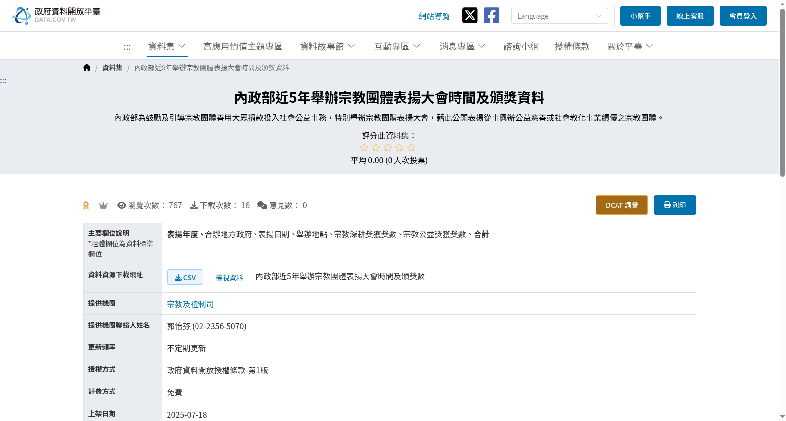 內政部近5年舉辦宗教團體表揚大會時間及頒獎資料 数据集图片