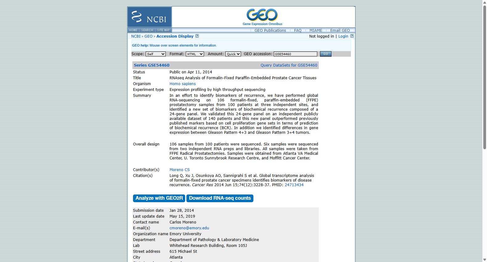 GSE54460 RNAseq Analysis of FFPE Prostate Cancer Tissues