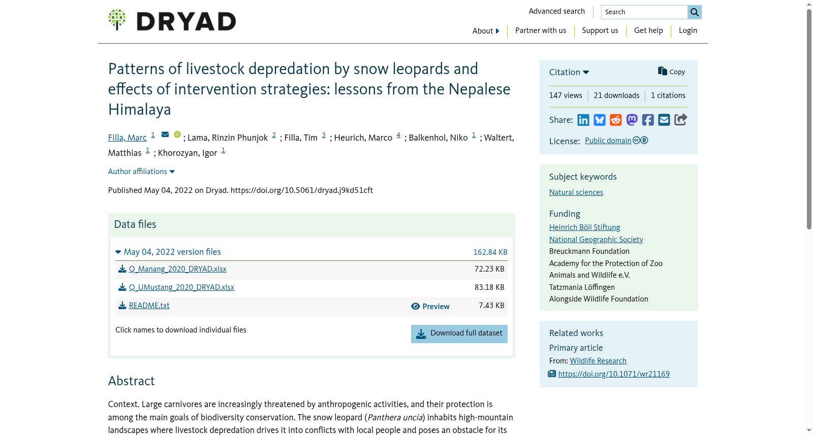 Patterns of livestock depredation by snow leopards and effects of intervention strategies: lessons from the Nepalese Himalaya 数据集图片