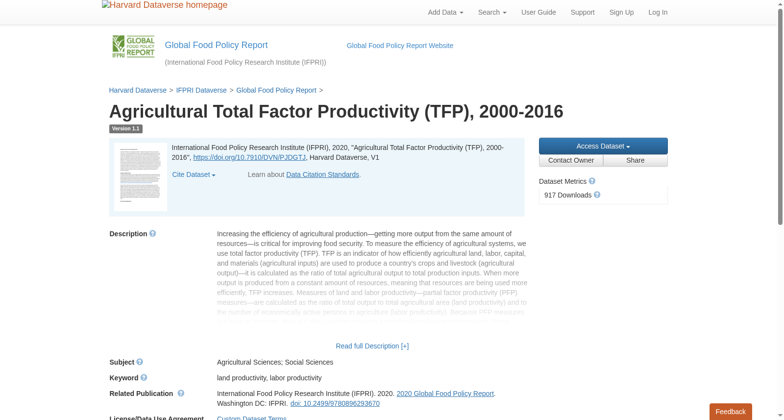 Agricultural Total Factor Productivity (TFP), 2000-2016 数据集图片
