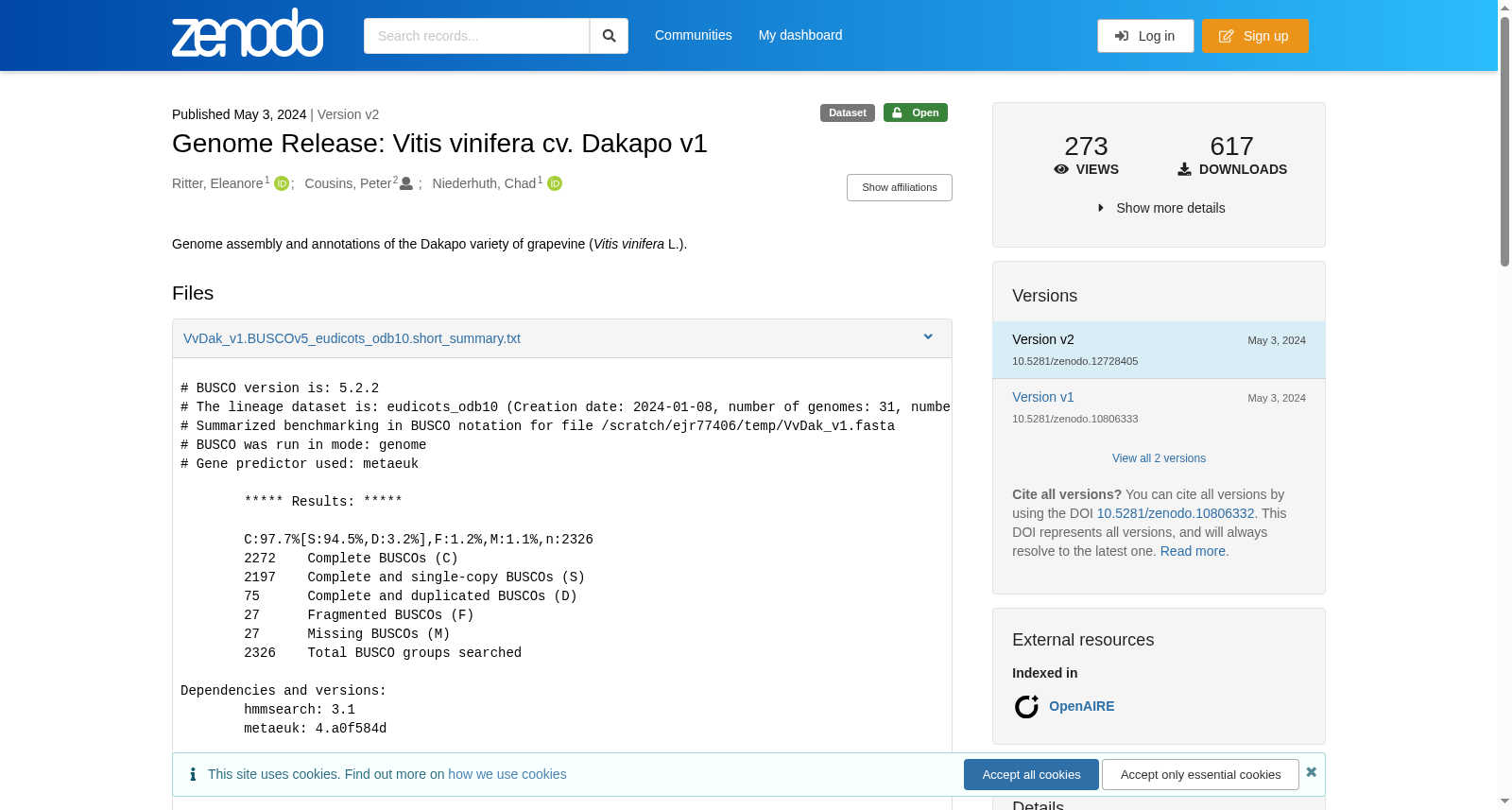 Genome Release: Vitis vinifera cv. Dakapo v1 数据集图片