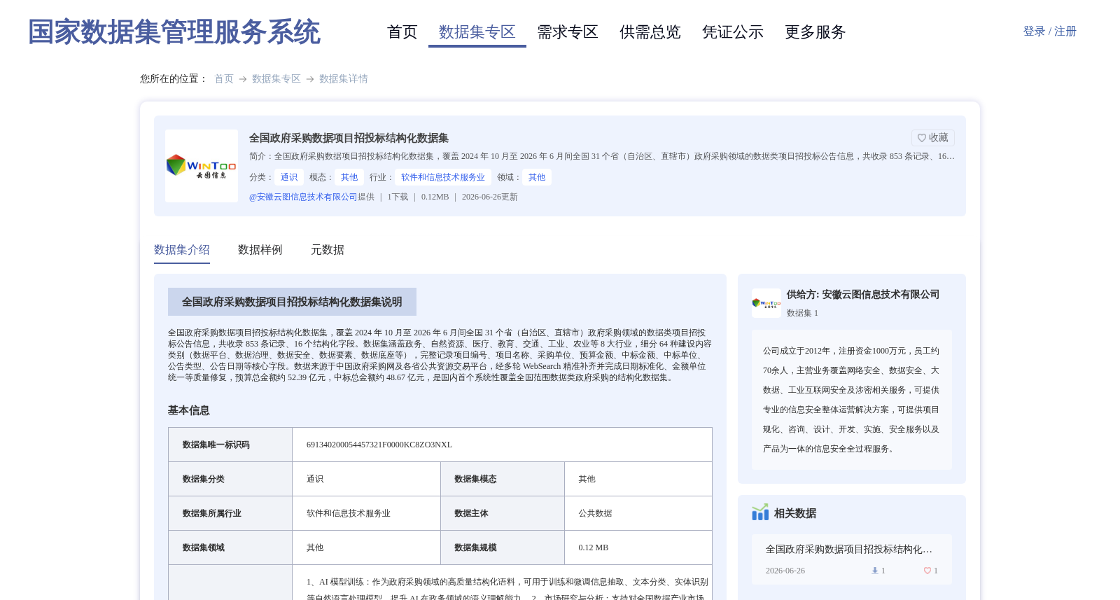 全国政府采购数据项目招投标结构化数据集 数据集图片