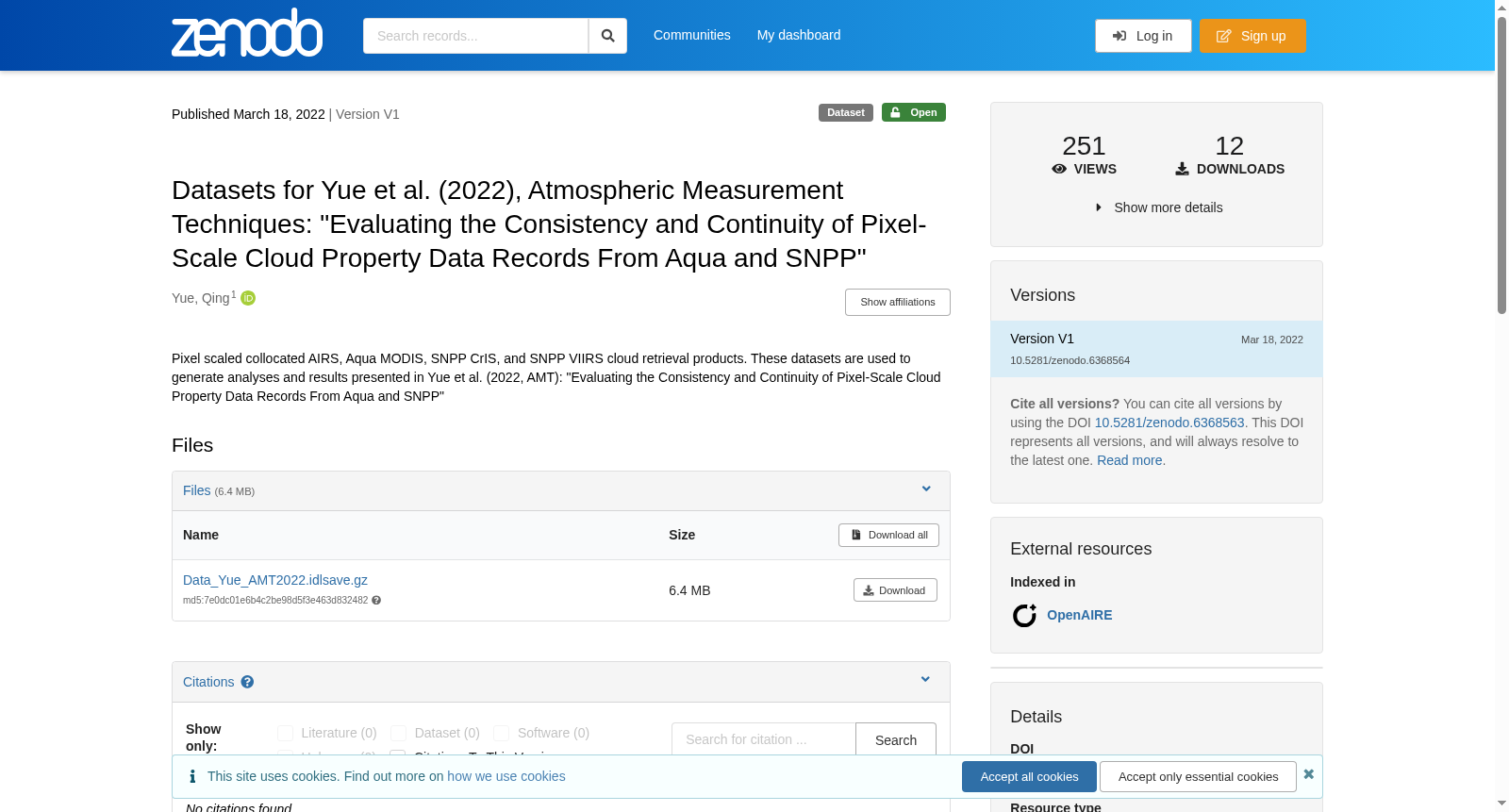 Datasets for Yue et al. (2022), Atmospheric Measurement Techniques: "Evaluating the Consistency and Continuity of Pixel-Scale Cloud Property Data Records From Aqua and SNPP" 数据集图片