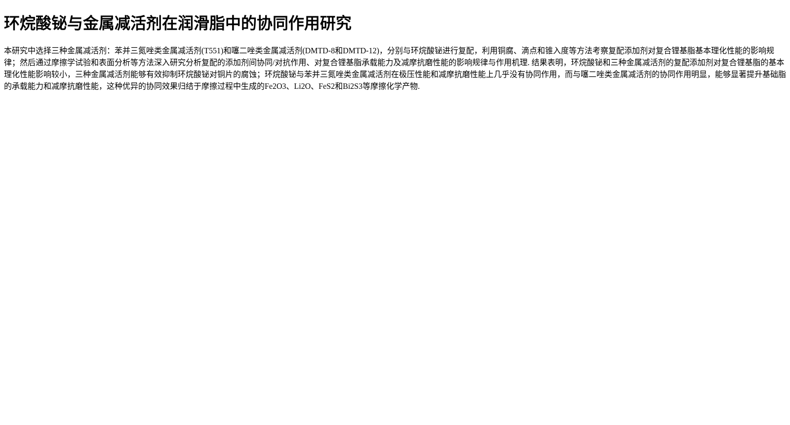 环烷酸铋与金属减活剂在润滑脂中的协同作用研究 数据集图片