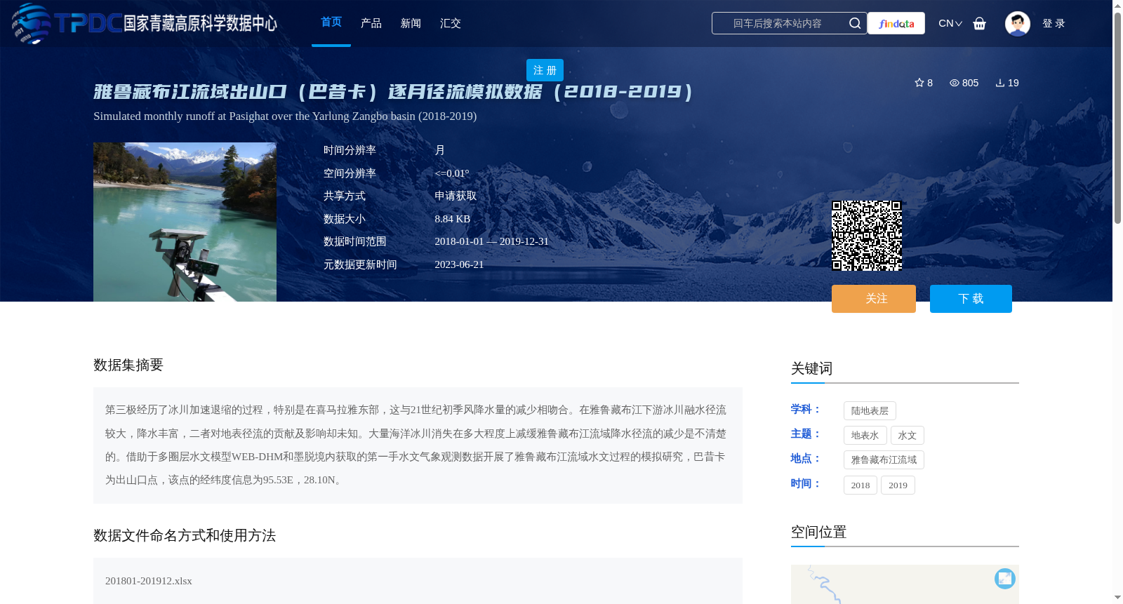 雅鲁藏布江流域出山口(巴昔卡)逐月径流模拟数据(2018-2019) 数据集图片