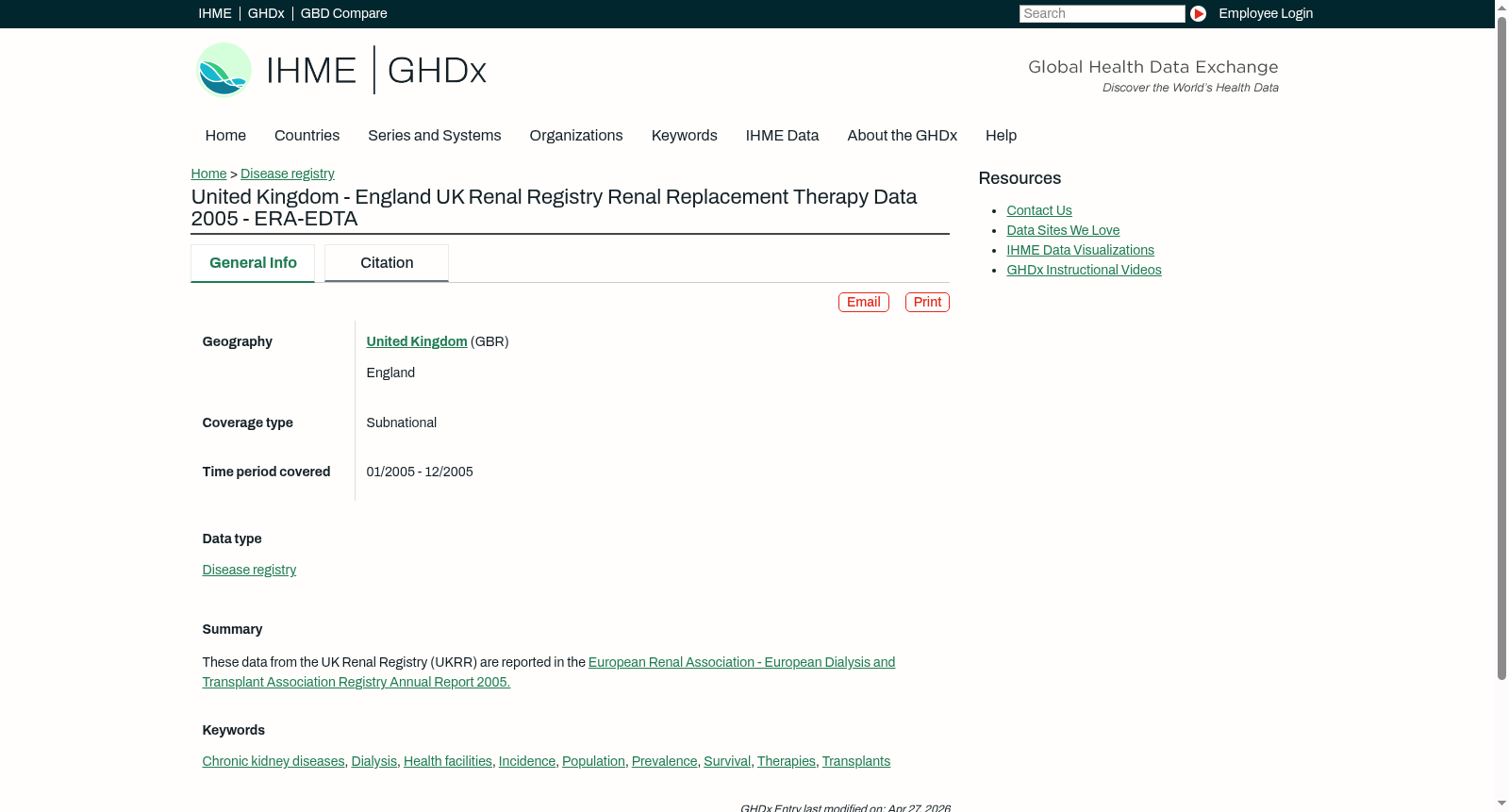 United Kingdom - England UK Renal Registry Renal Replacement Therapy Data 2005 - ERA-EDTA 数据集图片