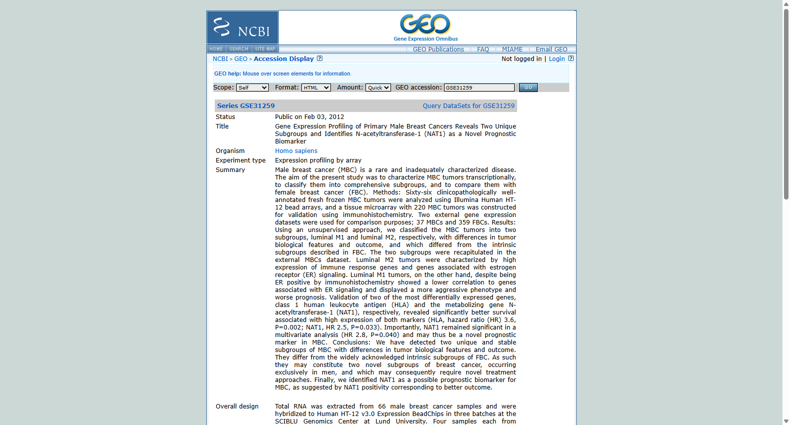 GSE31259 Primary Male Breast Cancer Expression Dataset
