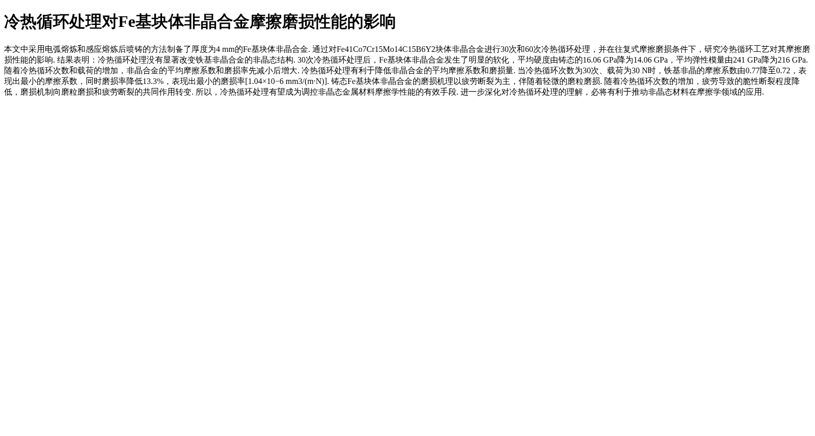 冷热循环处理对Fe基块体非晶合金摩擦磨损性能的影响 数据集图片