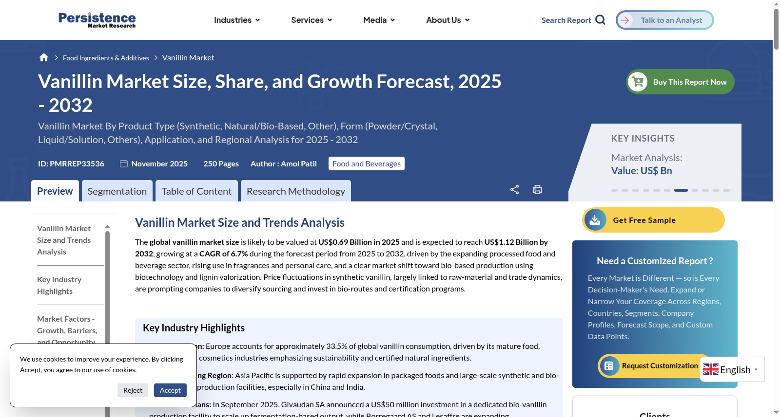 Vanillin Market - Persistence Market Research 数据集图片