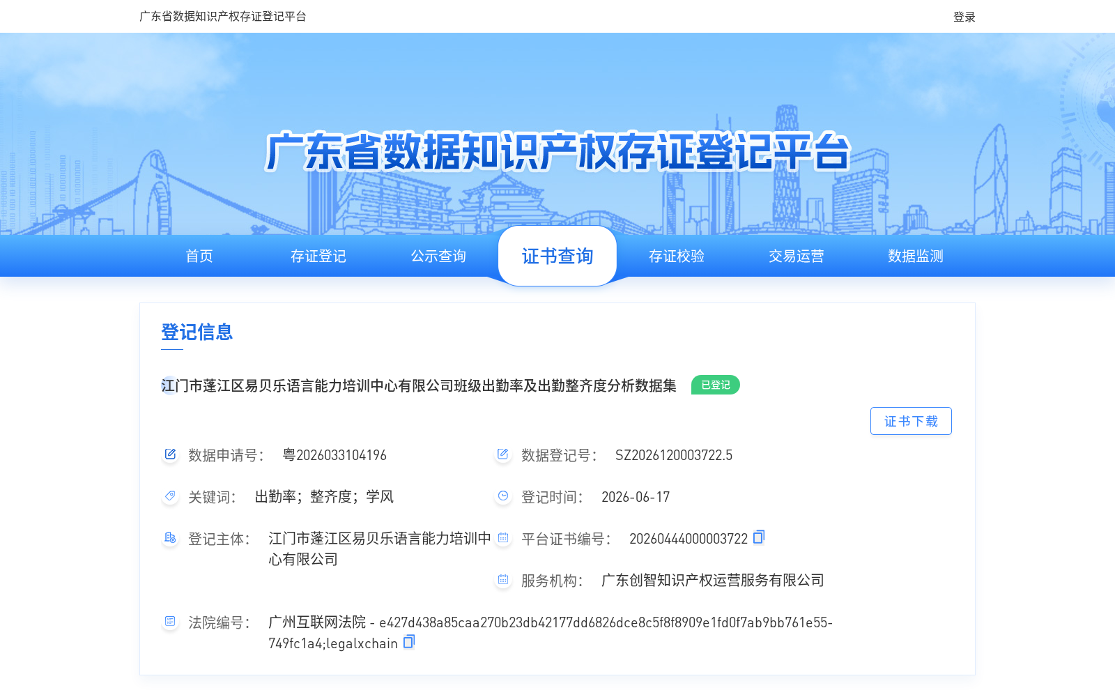 江门市蓬江区易贝乐语言能力培训中心有限公司班级出勤率及出勤整齐度分析数据集 数据集图片