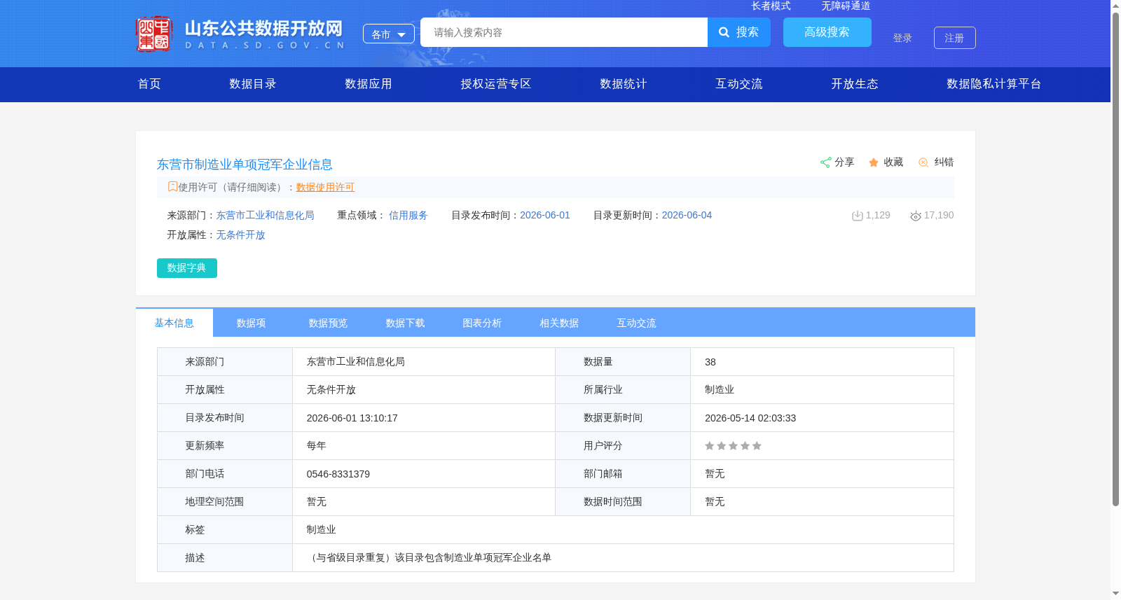 东营市制造业单项冠军企业信息 数据集图片