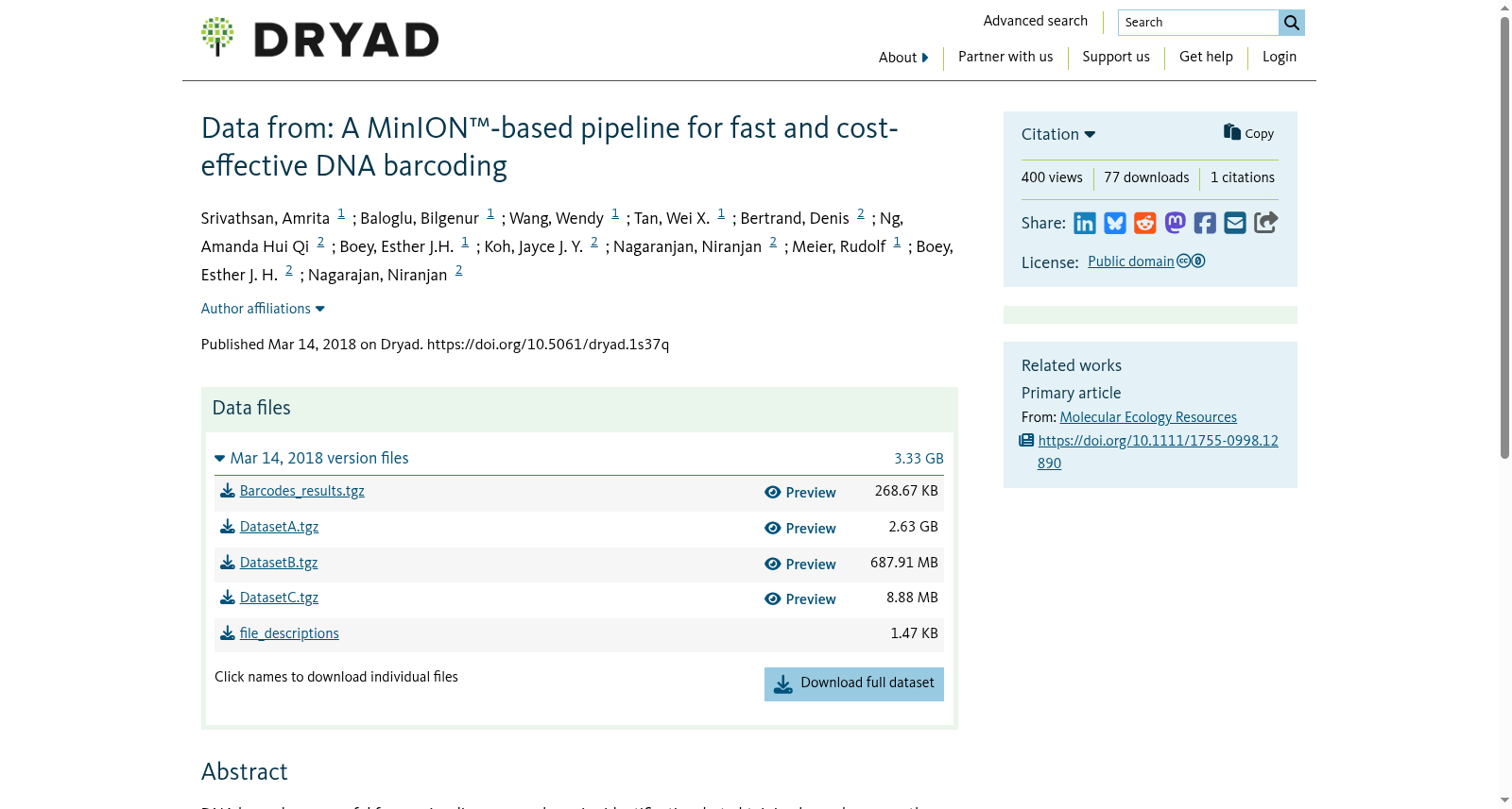 Data from: A MinION™‐based pipeline for fast and cost‐effective DNA barcoding 数据集图片