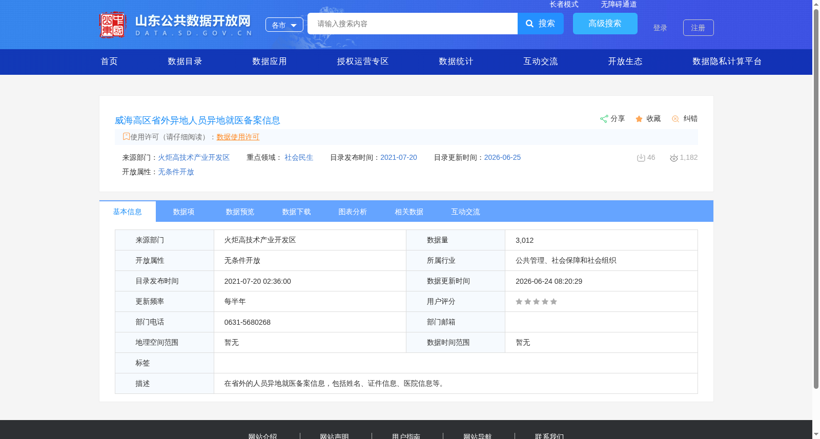 威海高区省外异地人员异地就医备案信息 数据集图片