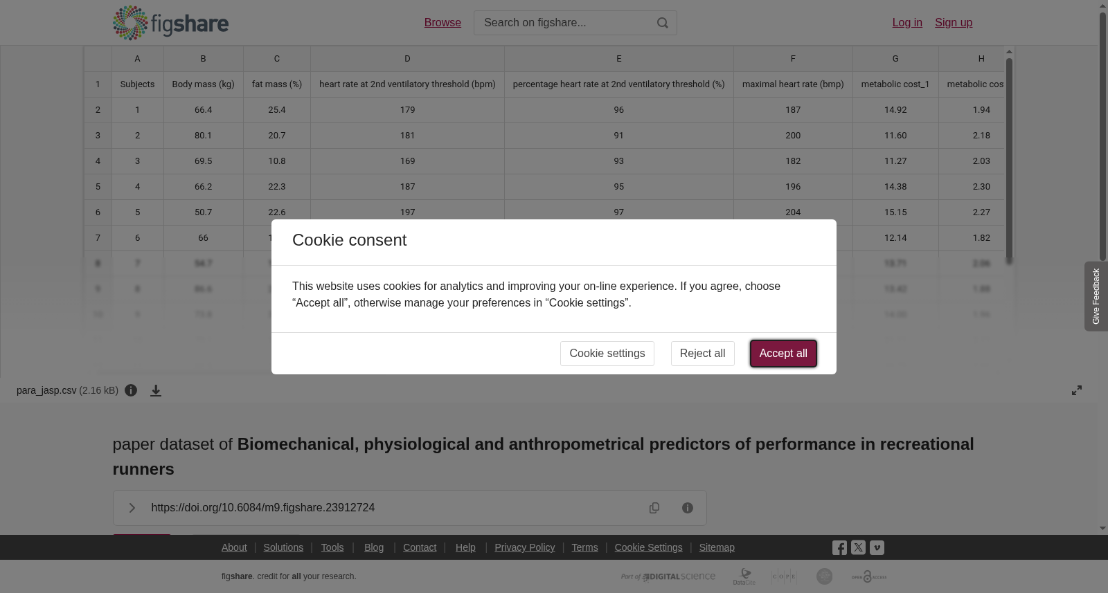 paper dataset of <b>Biomechanical, physiological and anthropometrical predictors of performance in recreational runners</b> 数据集图片
