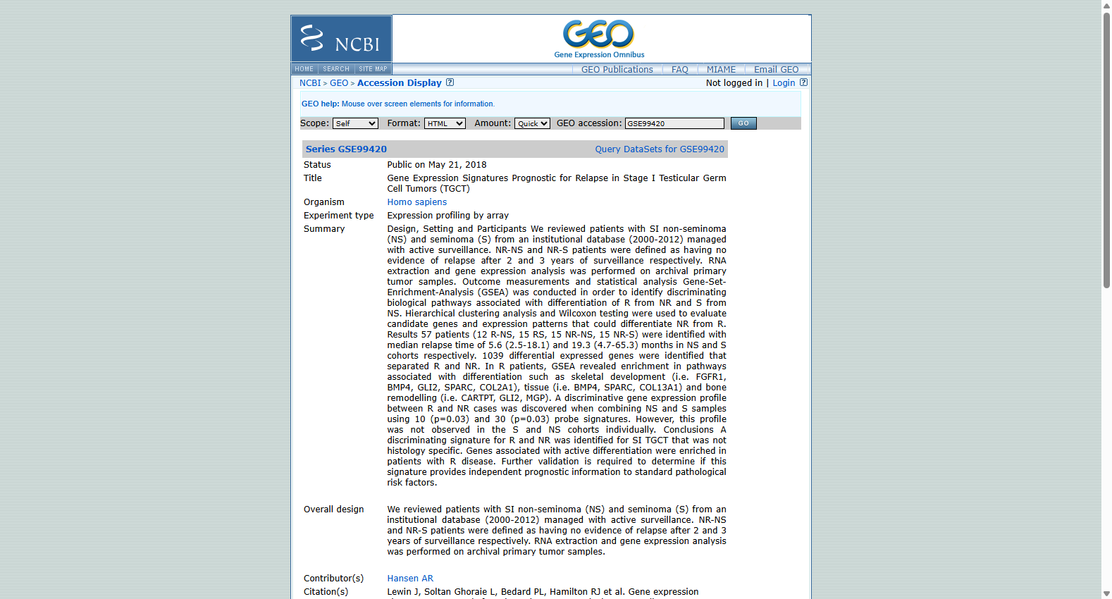 GSE99420 Stage I Testicular Germ Cell Tumor Relapse Dataset