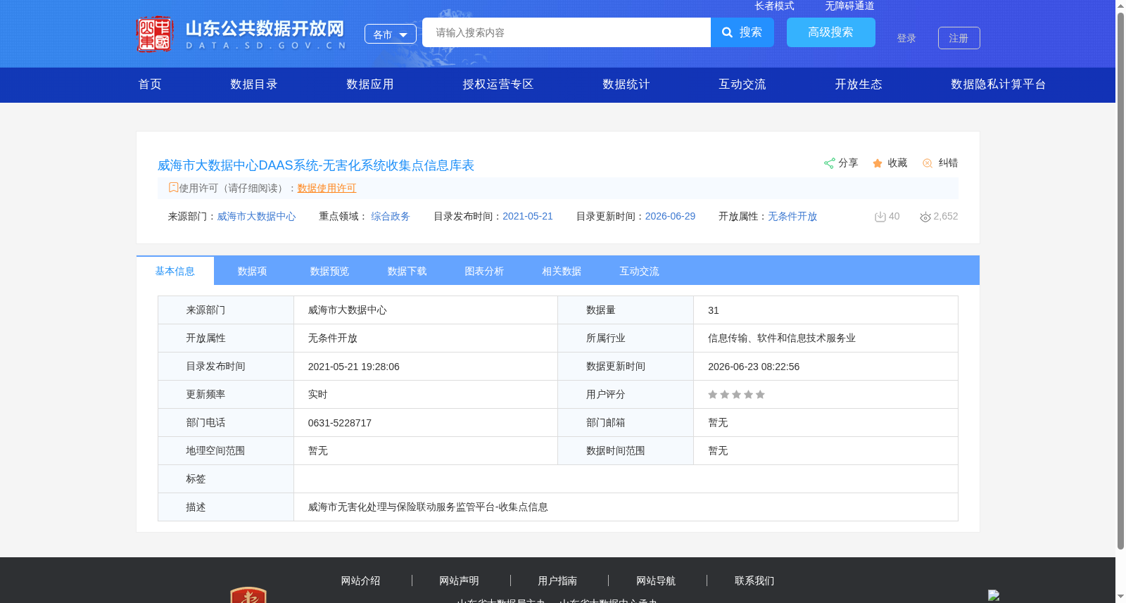 威海市大数据中心DAAS系统-无害化系统收集点信息库表 数据集图片
