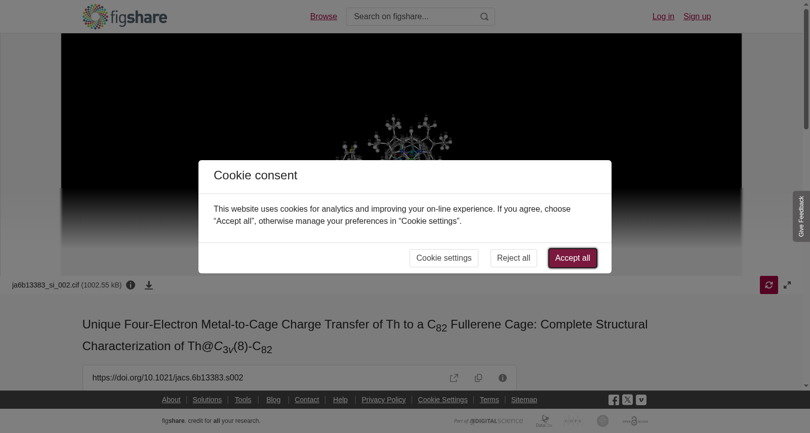 Unique Four-Electron Metal-to-Cage Charge Transfer of Th to a C82 Fullerene Cage: Complete Structural Characterization of Th@C3v(8)‑C82 数据集图片