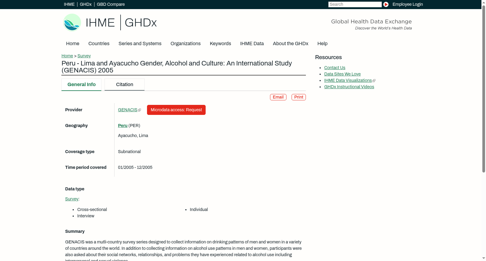 Peru - Lima and Ayacucho Gender, Alcohol and Culture: An International Study (GENACIS) 2005 数据集图片