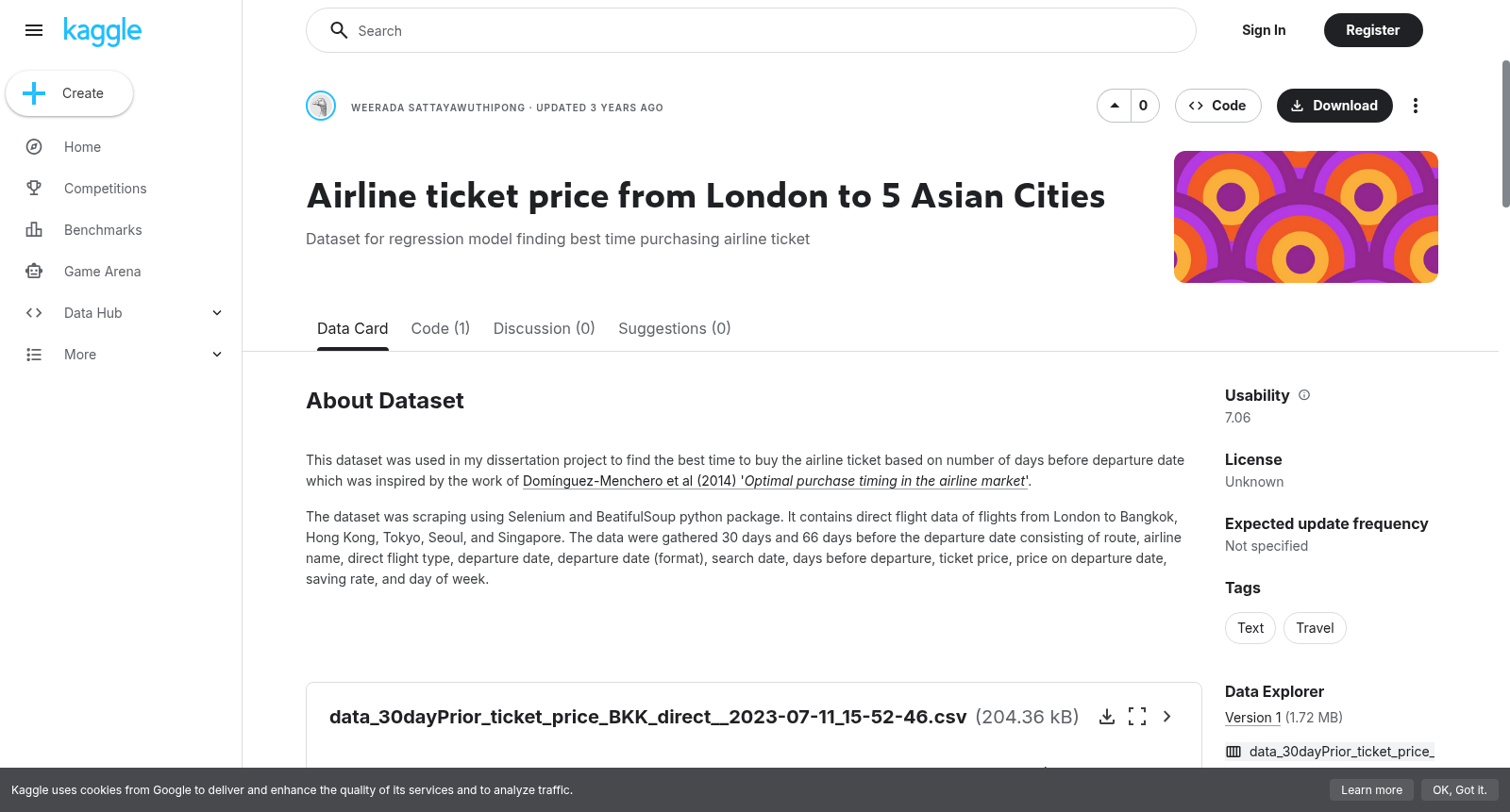 Airline ticket price from London to 5 Asian Cities 数据集图片