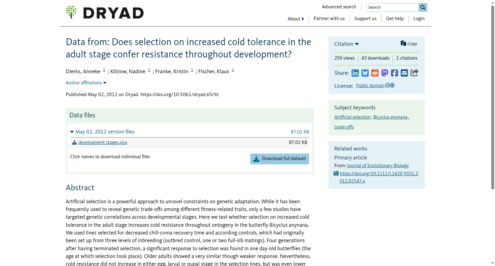 Data from: Does selection on increased cold tolerance in the adult stage confer resistance throughout development? 数据集图片