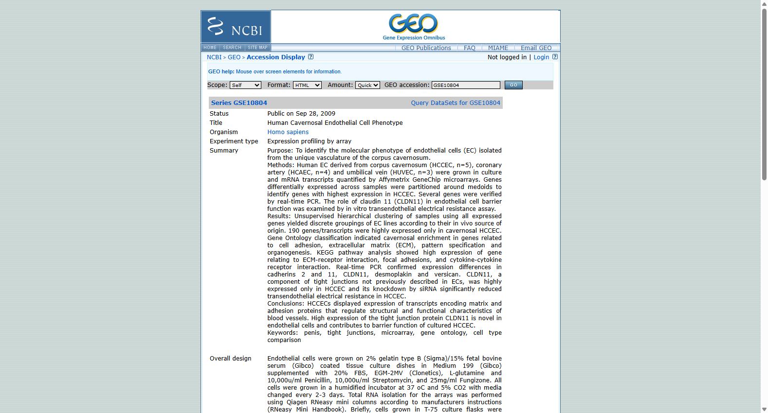 Erectile dysfunction endothelial cell expression GSE10804