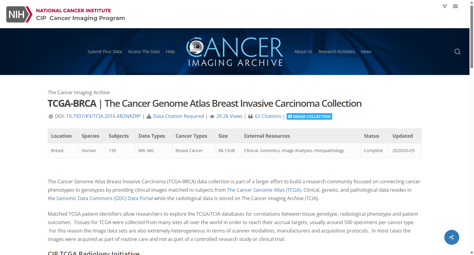 TCGA-BRCA Imaging Dataset